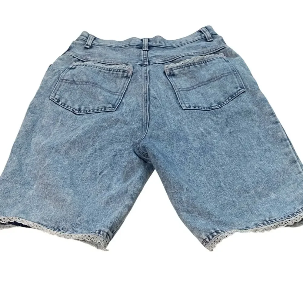 Vintage 80s Amilano Acid Wash High Waisted Denim 9” Shorts Eyelet Lace Sz 11/12